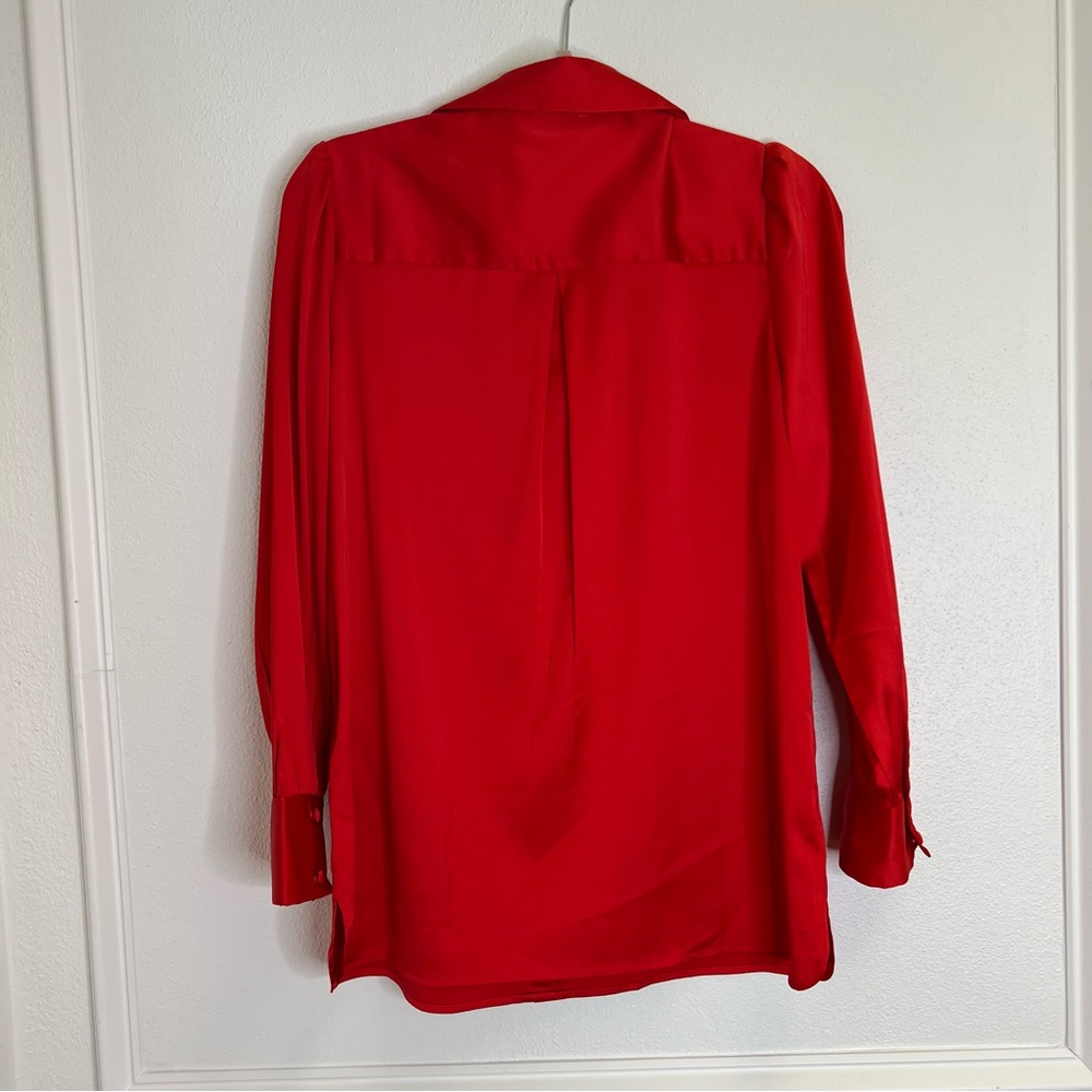 Red Long-Sleeve Button Down Stretch Satin Shirt - Picture 5 of 6
